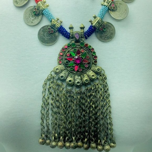 Vintage Coins Necklace With Dangling Pendant,Tribal Beaded Pendant Necklace - Picture 2 of 9
